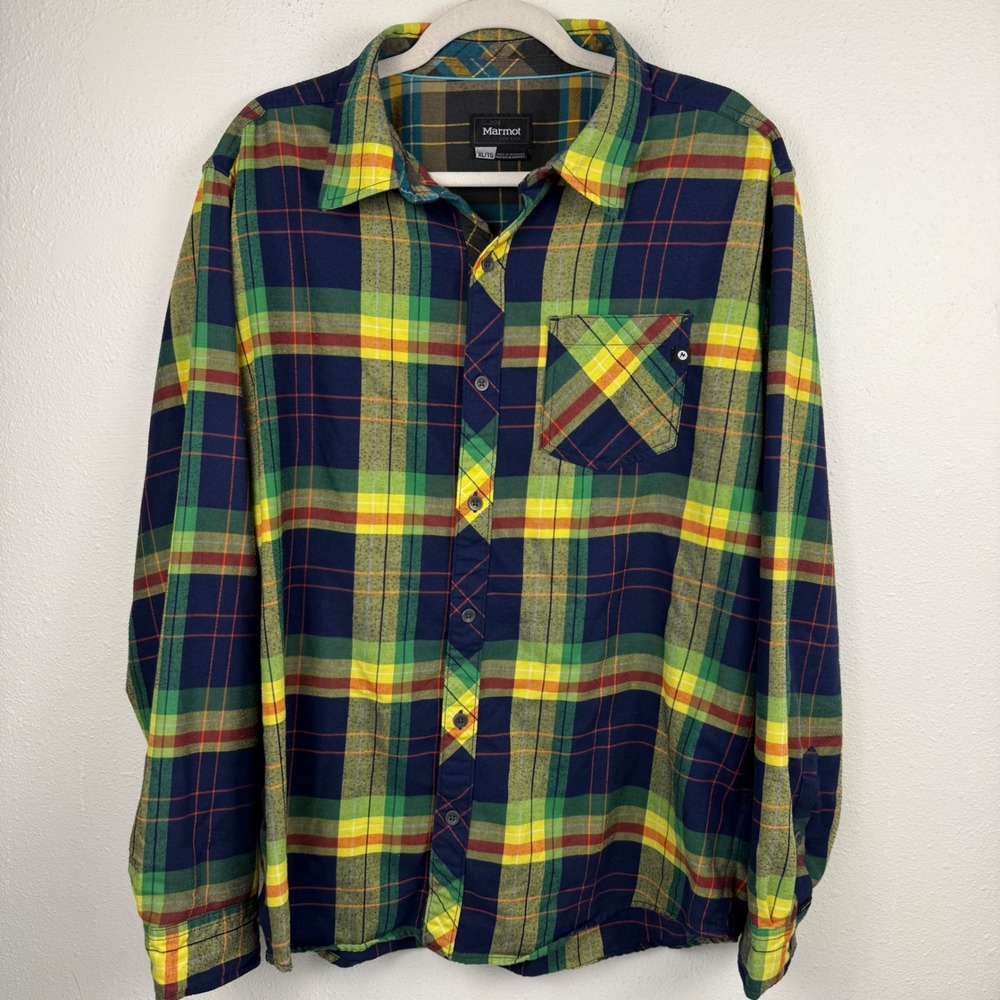 Marmot Mens XL Flannel Shirt Navy Green Yellow Orange Plaid Long Sleeve Outdoor